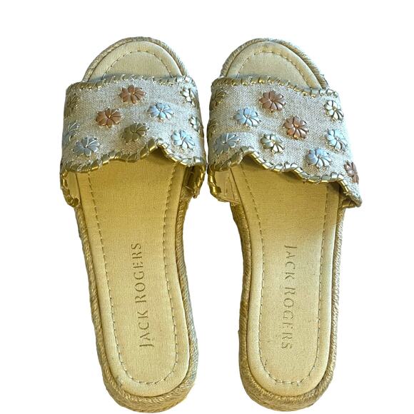 Jack Rogers Palmer Slides Womens Size 8 Ecru Metallic Linen Espadrille Sandals - Picture 2 of 9